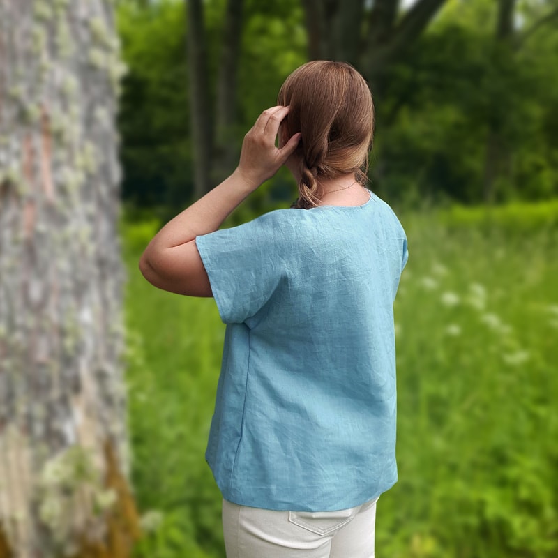 Linen Blouse Sky Blue Sustainable Linen Top Geometric Design Oversize Linen Top Hand Block Print Na