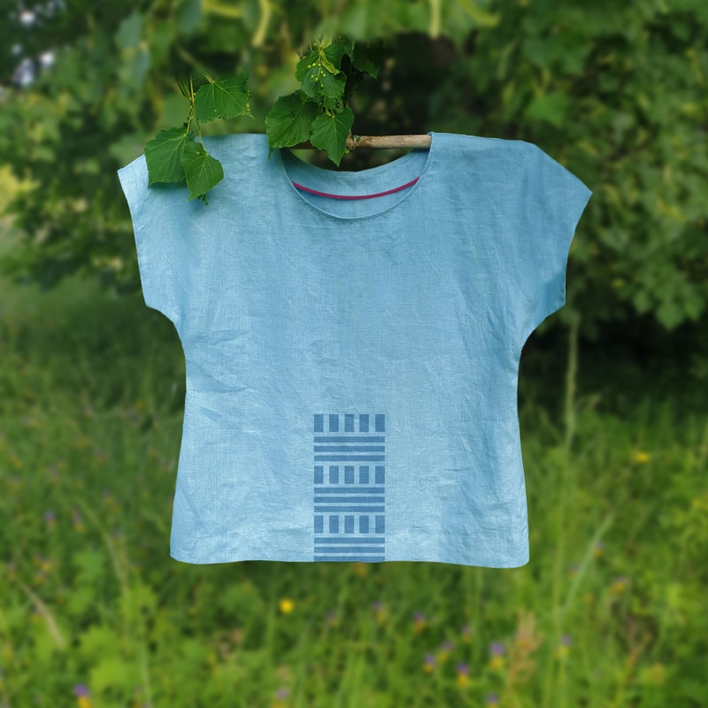 Linen Blouse Sky Blue Sustainable Linen Top Geometric Design Oversize Linen Top Hand Block Print Na