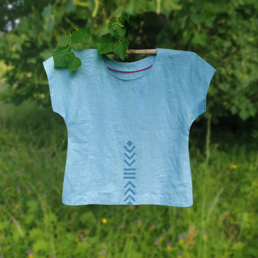 Linen Blouse Sky Blue Sustainable Linen Top Geometric Design Oversize Linen Top Hand Block Print Na