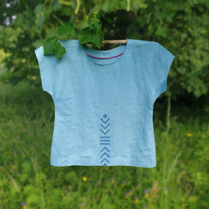 Linen Blouse Sky Blue Sustainable Linen Top Geometric Design Oversize Linen Top Hand Block Print Na