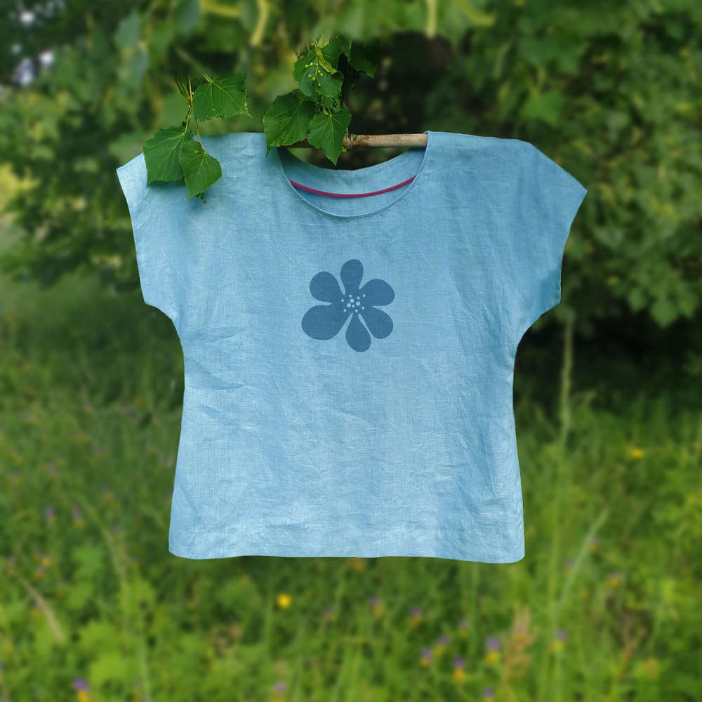 Linen Blouse Sky Blue Sustainable Linen Top Geometric Design Oversize Linen Top Hand Block Print Na