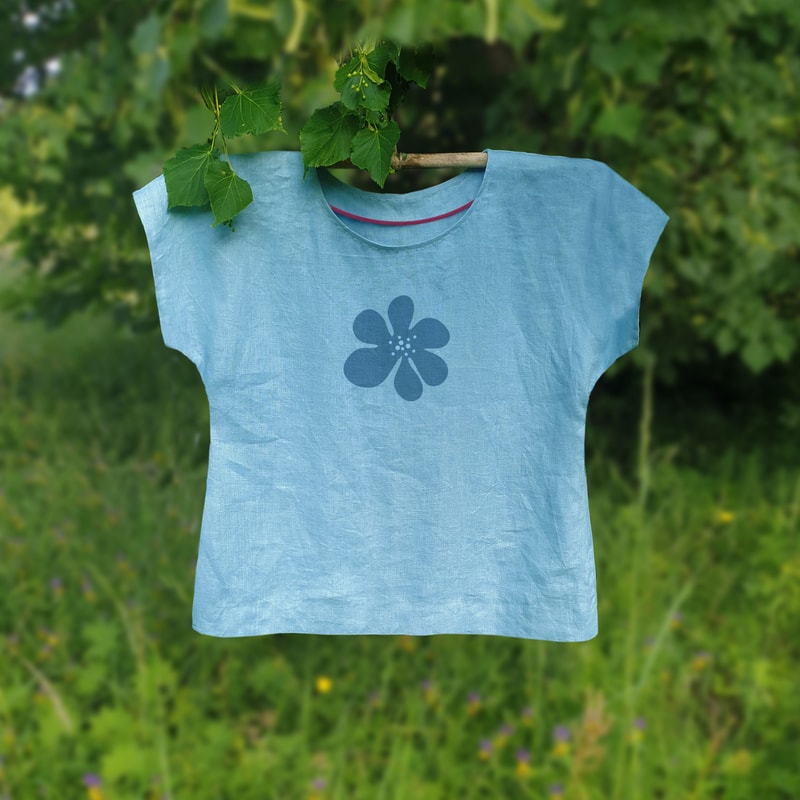 Linen Blouse Sky Blue Sustainable Linen Top Geometric Design Oversize Linen Top Hand Block Print Na