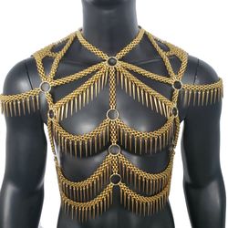 burning man punk spike fringe metal rave body gold chest chain harness festival wear