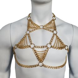 rave gold men body chest chain harness, burning man festival chain body harness