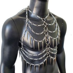 rave men body chest chain harness,festival wear,burning man outfits,costumes,rave outfit