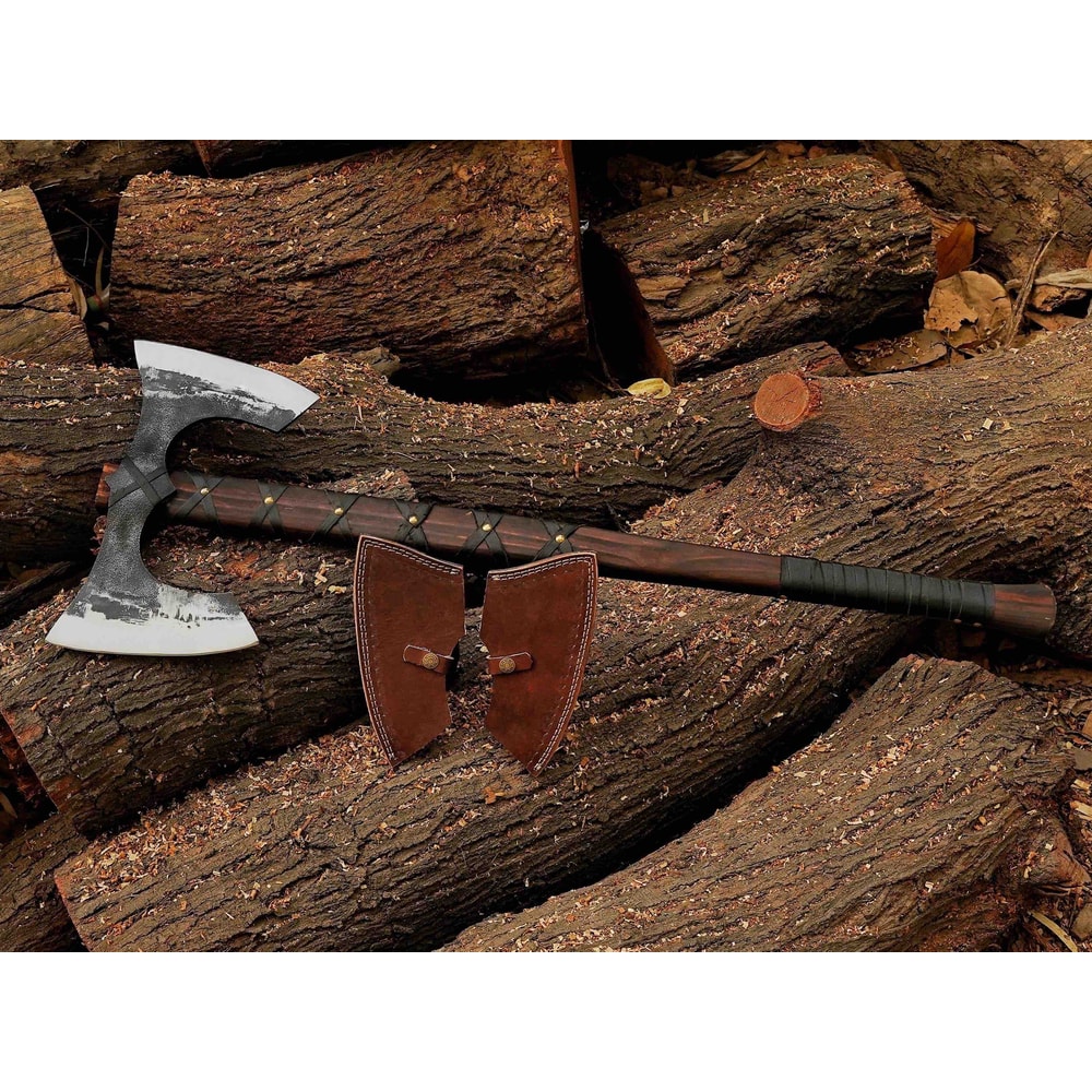 Handmade Viking DoubleHeaded Axe With Etched Carbon Steel And LeatherWrapped Oak Handle Expertly Cra