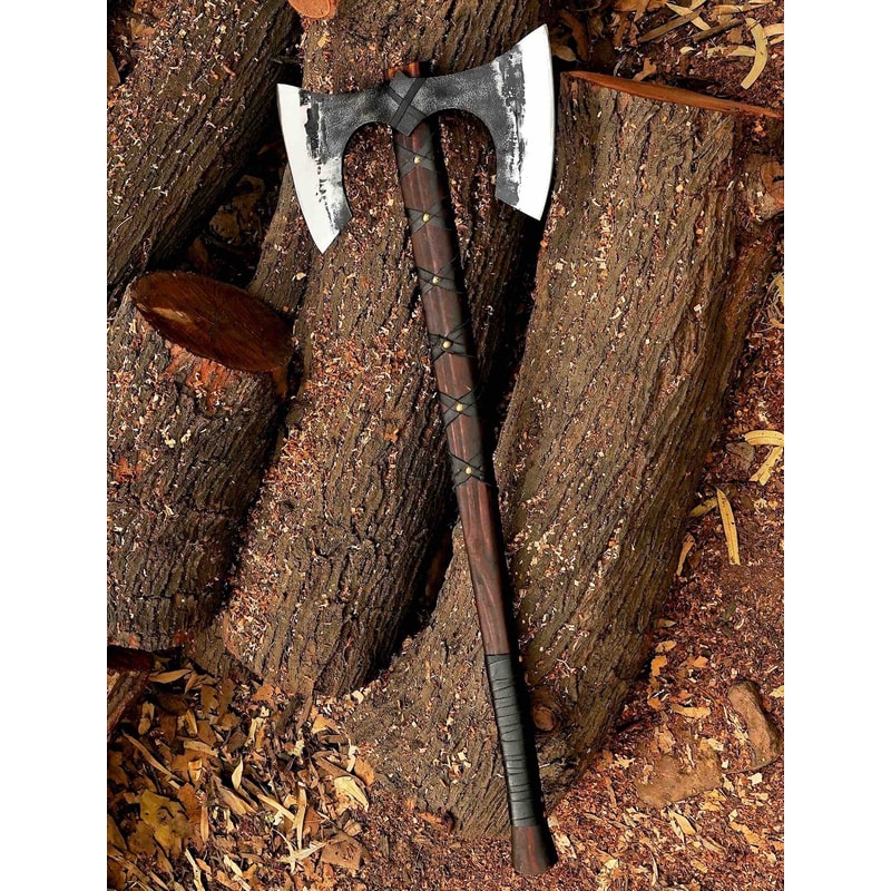 Handmade Viking DoubleHeaded Axe With Etched Carbon Steel And LeatherWrapped Oak Handle Expertly Cra