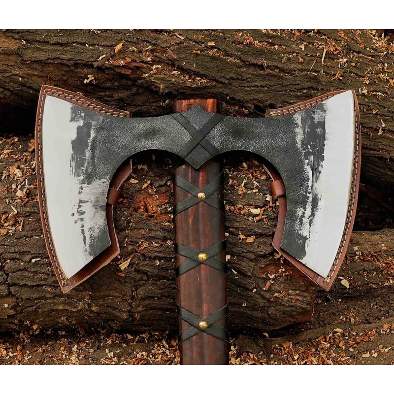 Handmade Viking DoubleHeaded Axe With Etched Carbon Steel And LeatherWrapped Oak Handle Expertly Cra