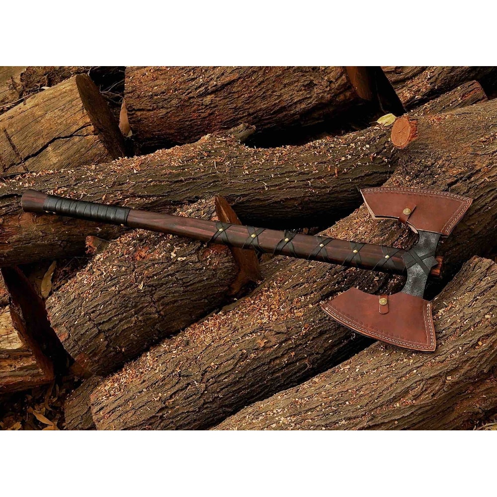 Handmade Viking DoubleHeaded Axe With Etched Carbon Steel And LeatherWrapped Oak Handle Expertly Cra