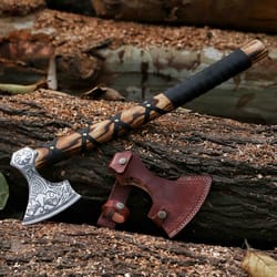 genuine viking bearded axe-etched axe viking axe with leather wrap and leather sheath best gift for men