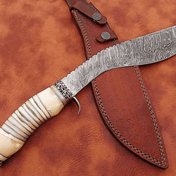 hand-forged damascus steel kukri bowie knife | camel bone handle | 15" vintage hunting knife w/ leather sheath