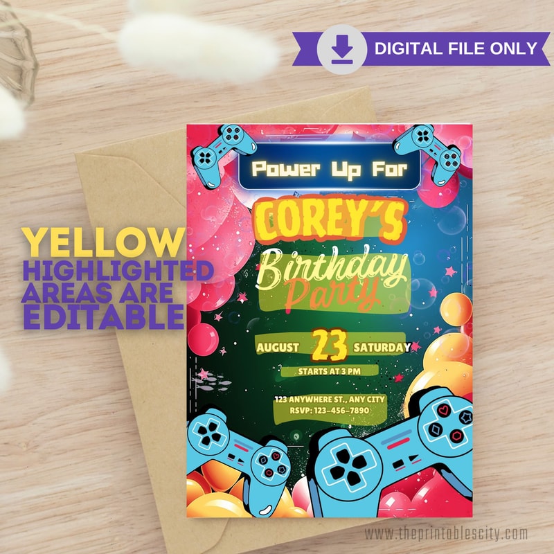Editable Video Game Party Invitation For Birthday Party Printable Gamer Birthday Invite Template Vi 1