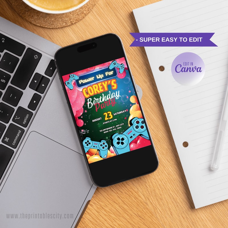 Editable Video Game Party Invitation For Birthday Party Printable Gamer Birthday Invite Template Vi 8