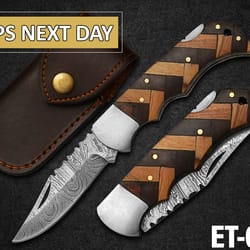custom handmade pocket knife damascus steel folding knife with leather sheath,
