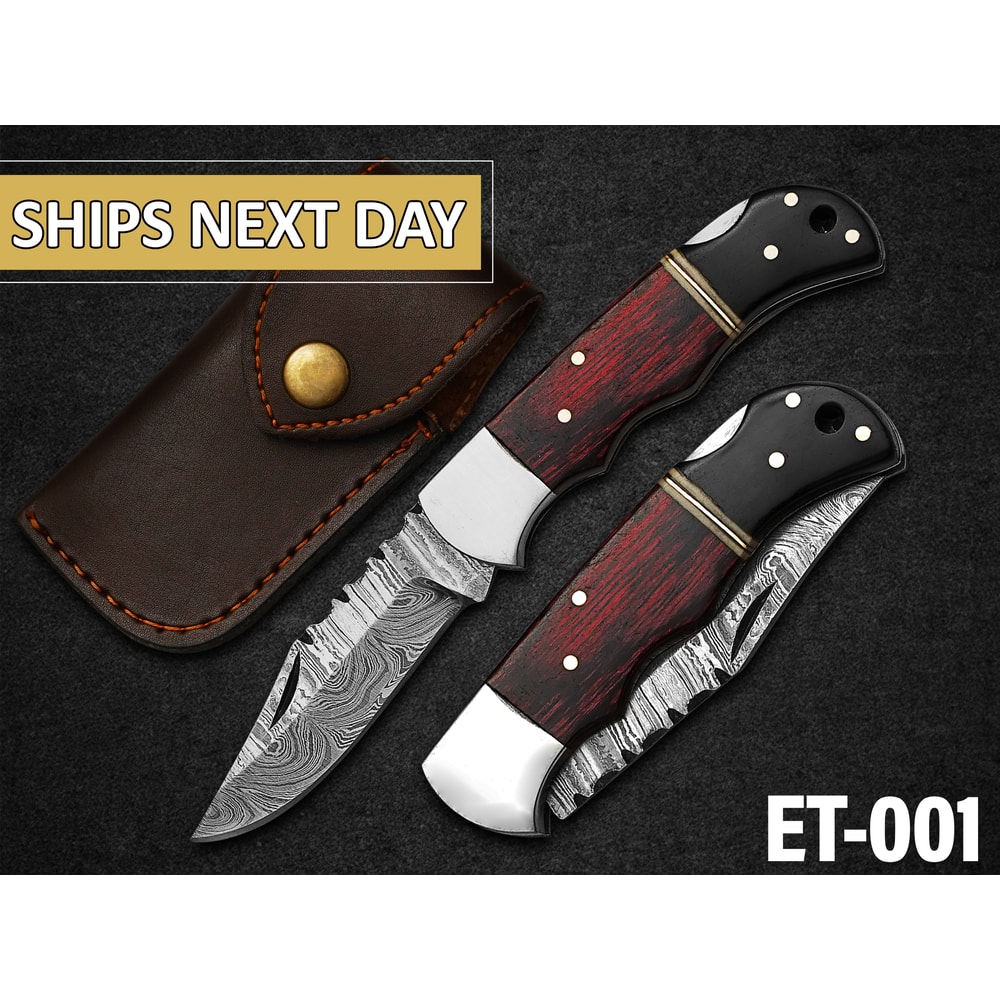 Custom Handmade Folding Knife Damascus Steel Blade Pocket Knife With Leather Sheath 0