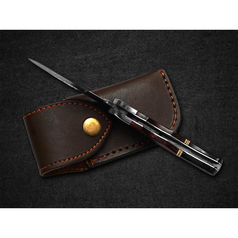 Custom Handmade Folding Knife Damascus Steel Blade Pocket Knife With Leather Sheath 1