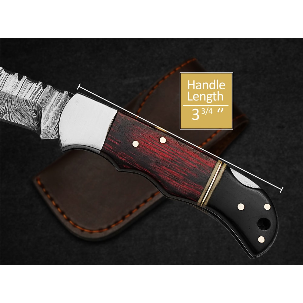 Custom Handmade Folding Knife Damascus Steel Blade Pocket Knife With Leather Sheath 2