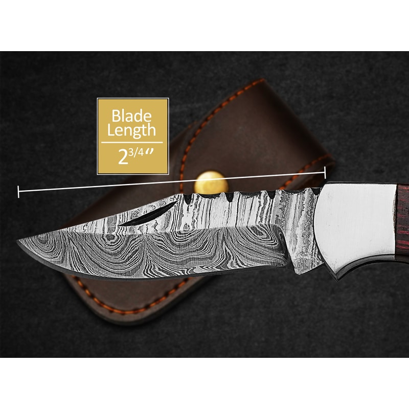 Custom Handmade Folding Knife Damascus Steel Blade Pocket Knife With Leather Sheath 3