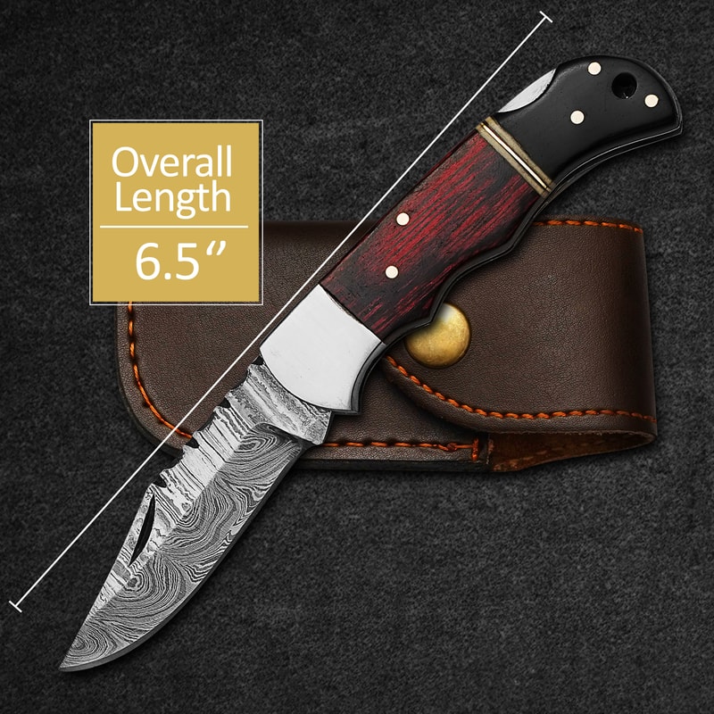 Custom Handmade Folding Knife Damascus Steel Blade Pocket Knife With Leather Sheath 4