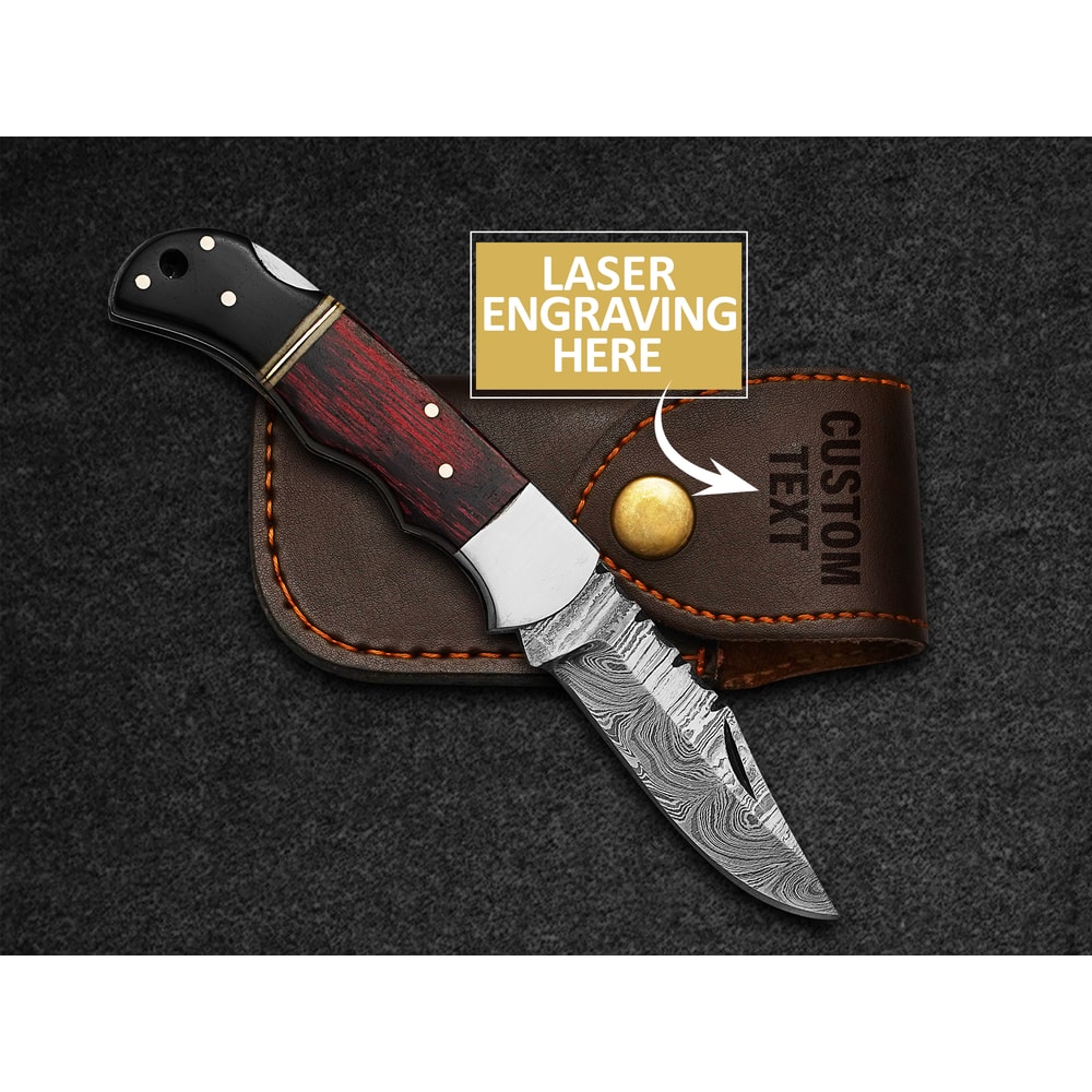 Custom Handmade Folding Knife Damascus Steel Blade Pocket Knife With Leather Sheath 5