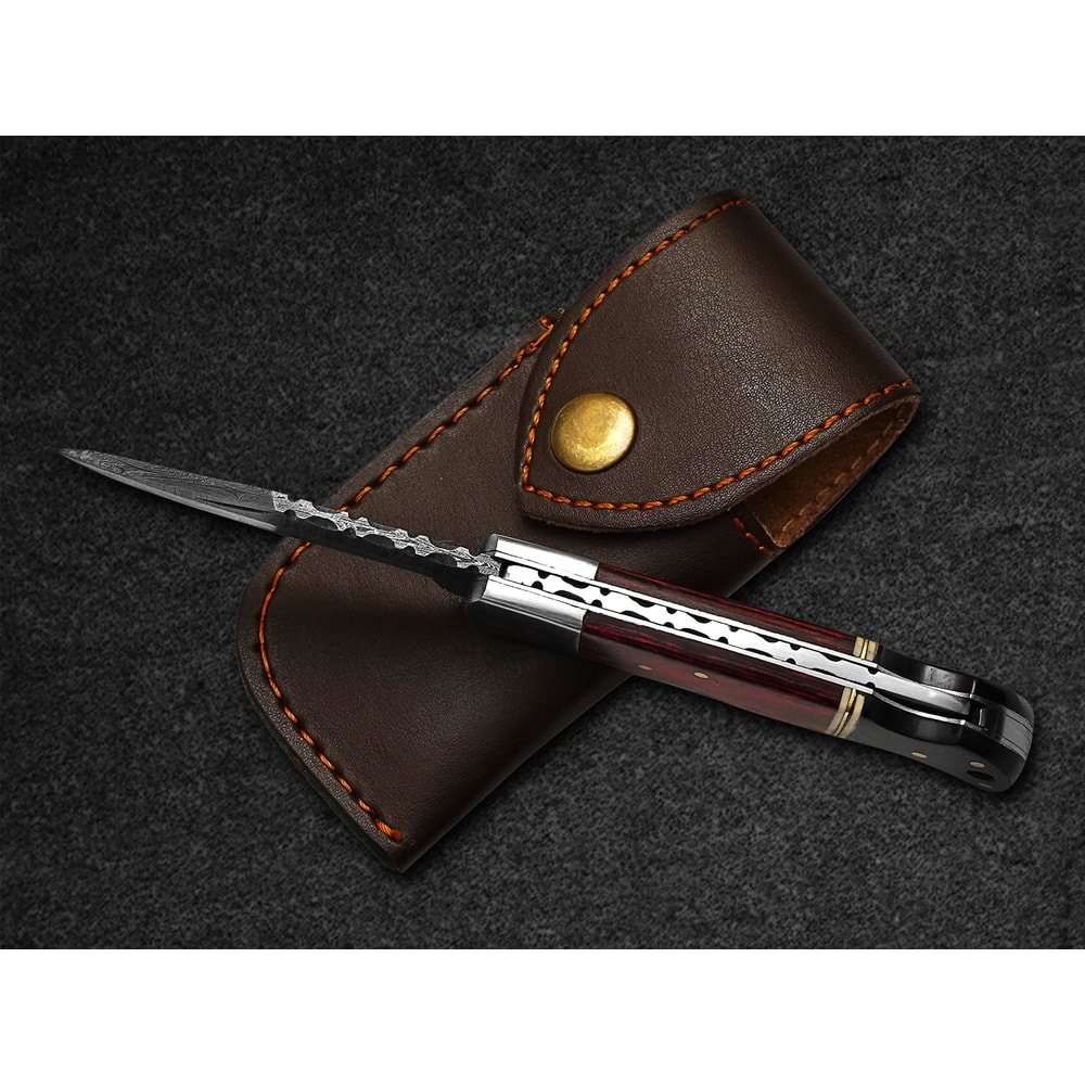 Custom Handmade Folding Knife Damascus Steel Blade Pocket Knife With Leather Sheath 6