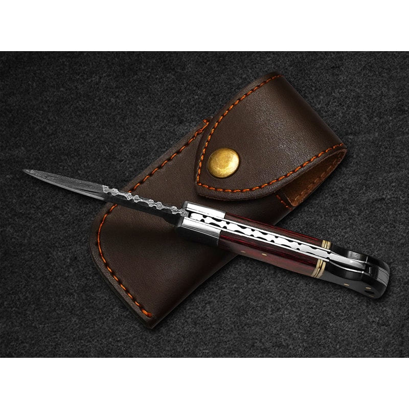 Custom Handmade Folding Knife Damascus Steel Blade Pocket Knife With Leather Sheath 6