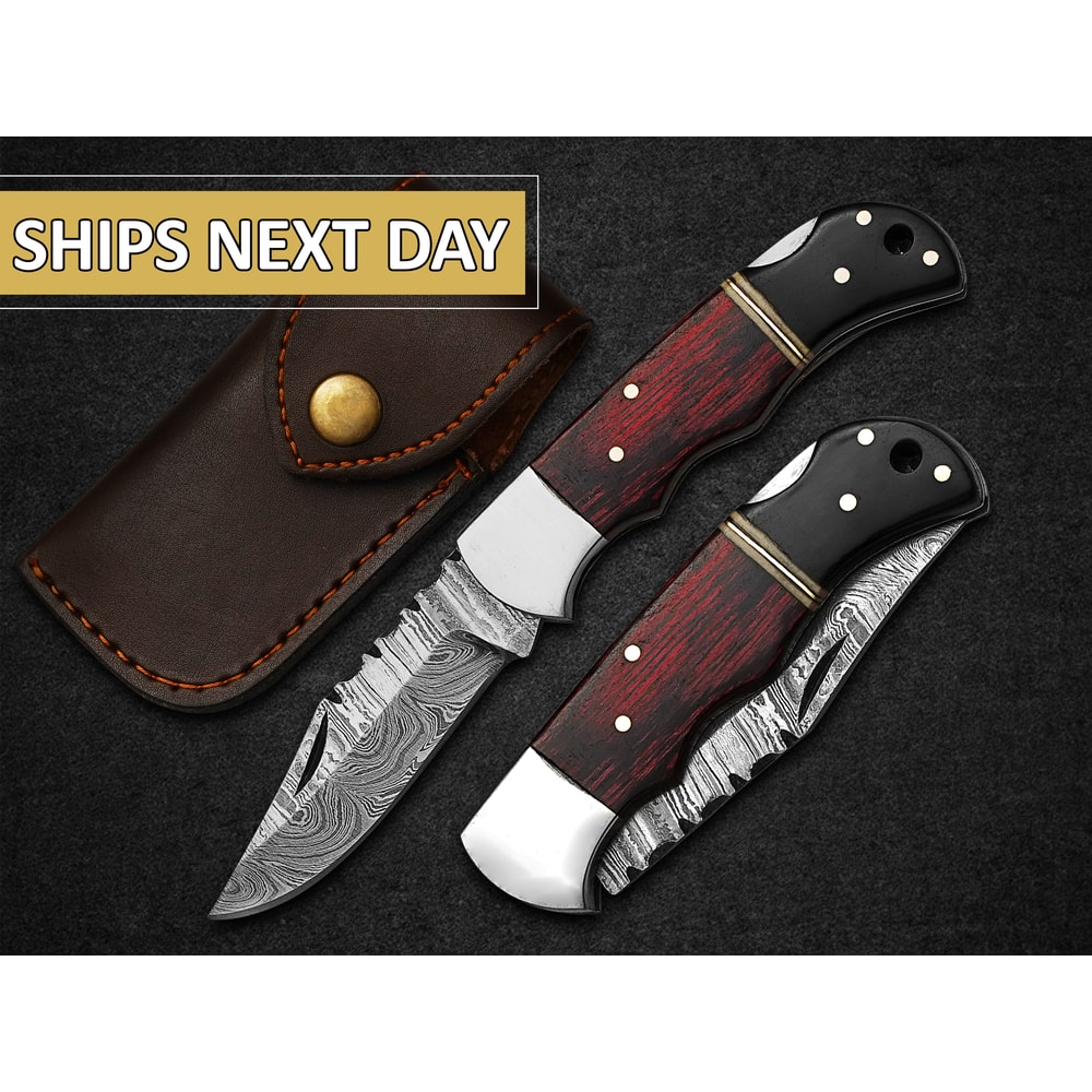 Custom Handmade Folding Knife Damascus Steel Blade Pocket Knife With Leather Sheath 7