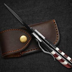 custom pocket knife handmade damascus folding knives usa texas flag handle pocket knives with leather sheath,