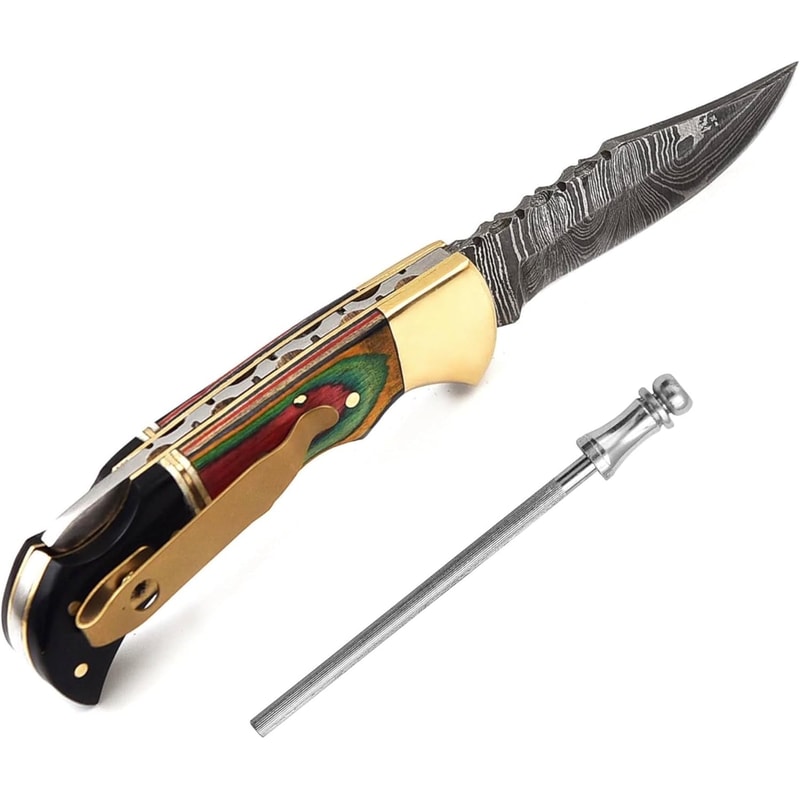 Damascus Pocket Knife With Clip 65 Handmade Folding Knife With Sheath Pocket Knife Men Good For 1