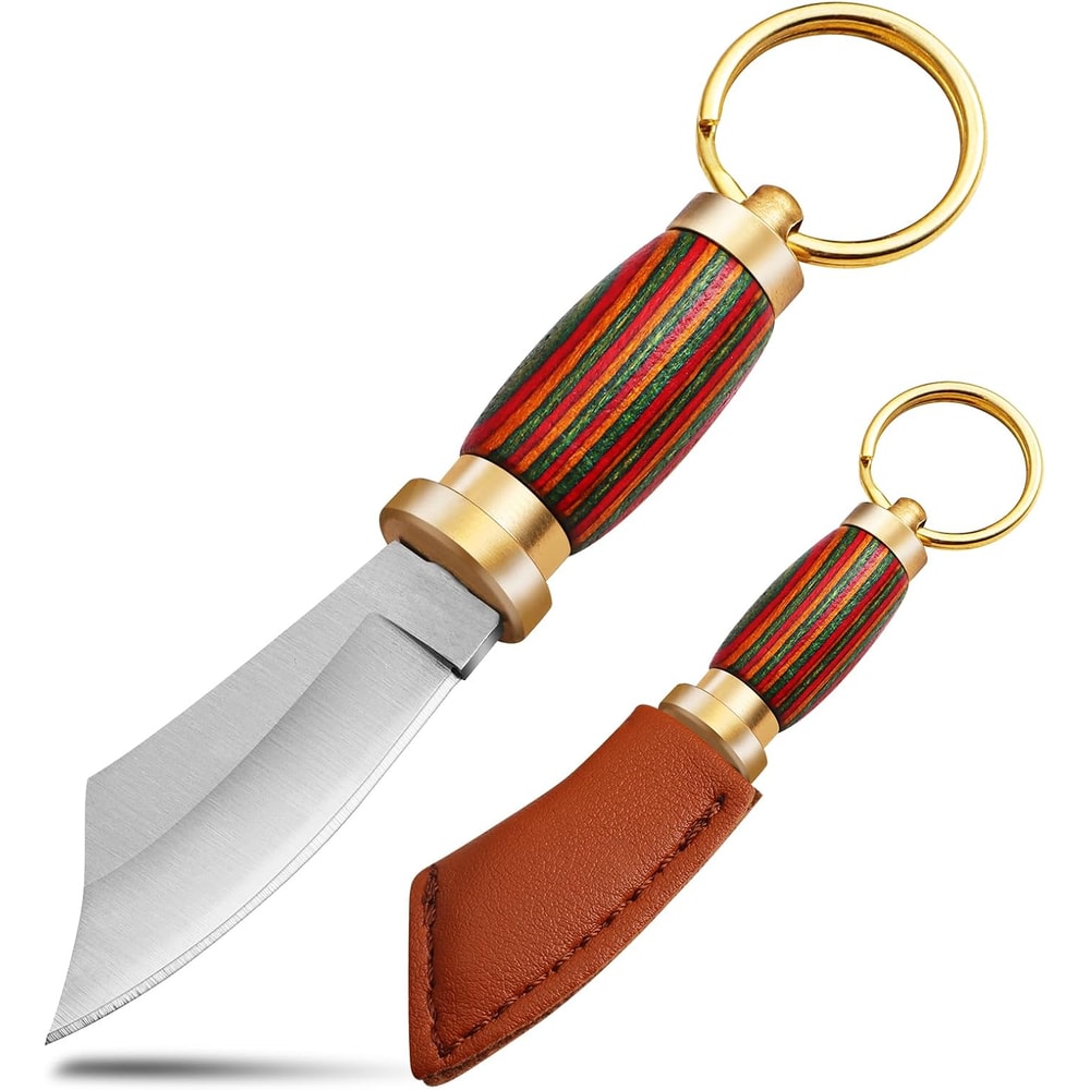 Mini Keychain Knife 335 Inch Stainless Steel Fixed Blade Knife With Leather Sheath Wood Handle EDC 0