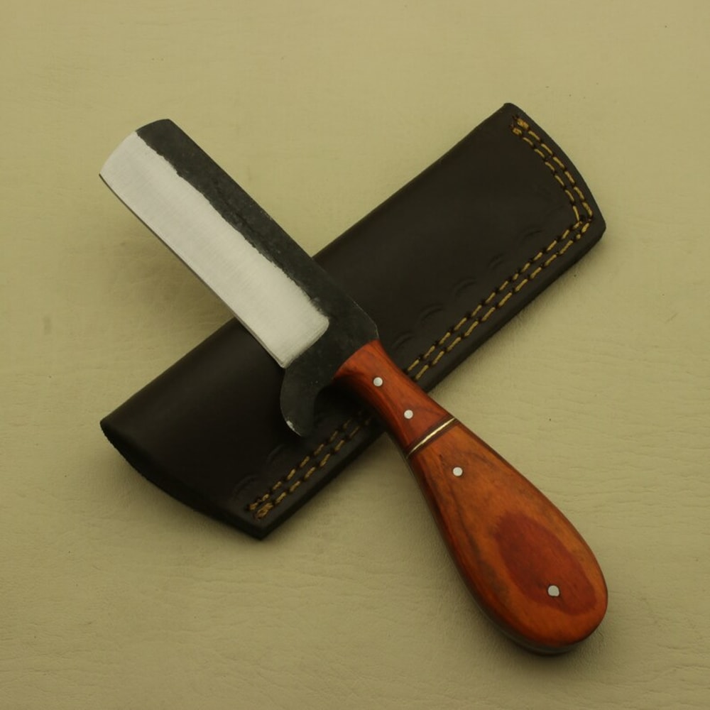 Custom Handmade Carbon Steel Full Tang Rose Wood Bull Cutter Knife With Leather Sheath Personalized 3
