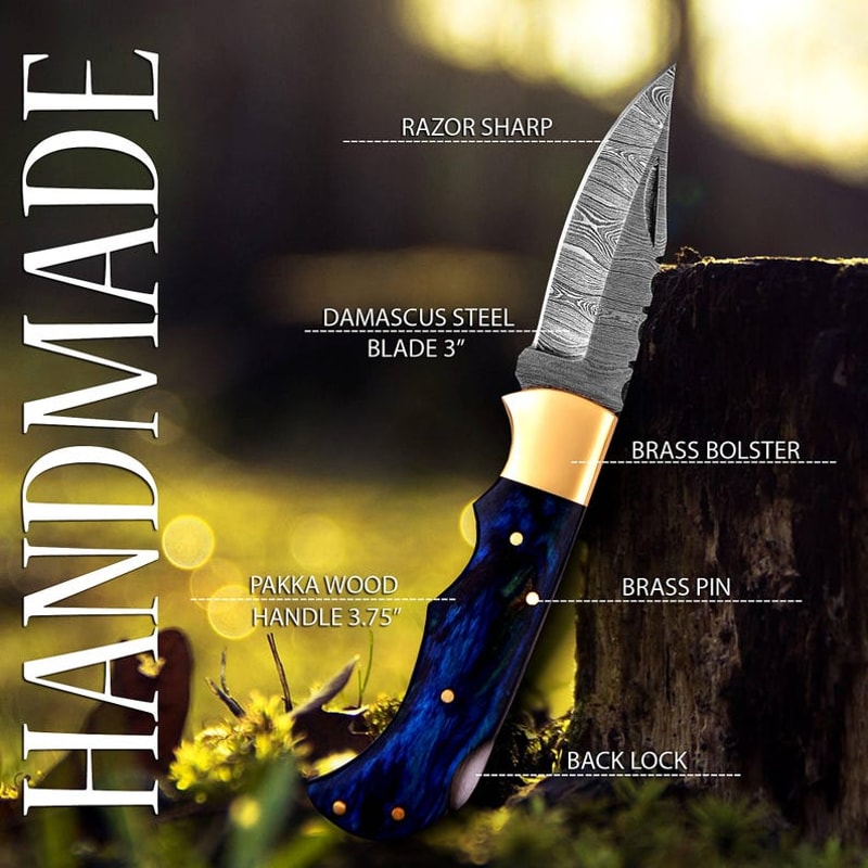 Handmade Damascus Pocket Knife Pakka Blue Handle Leather Sheath Birthday Gift Folding Knife Wedding 2