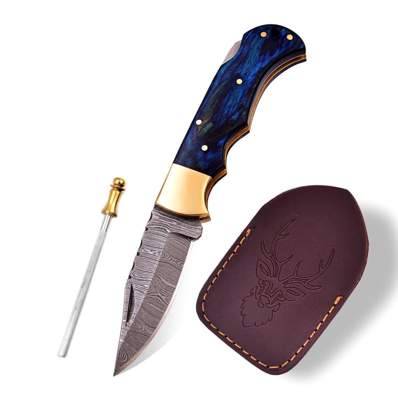 Handmade Damascus Pocket Knife Pakka Blue Handle Leather Sheath Birthday Gift Folding Knife Wedding 4