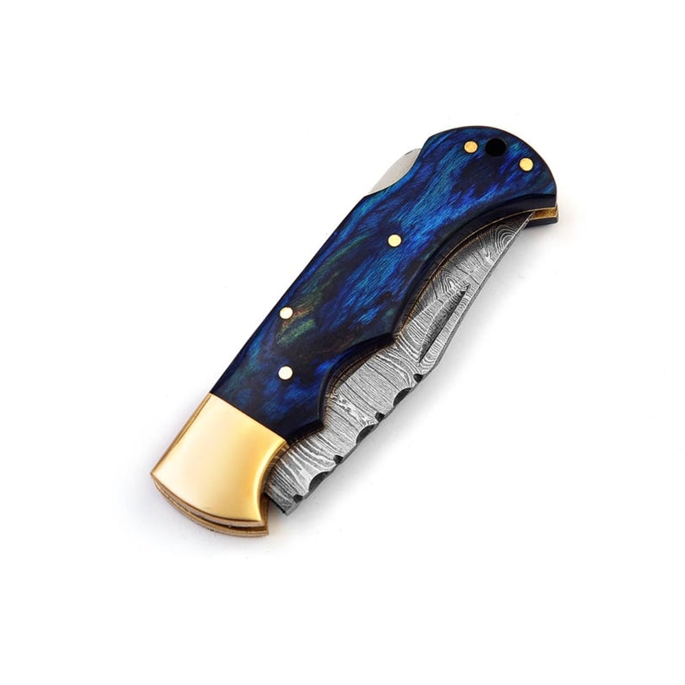 Handmade Damascus Pocket Knife Pakka Blue Handle Leather Sheath Birthday Gift Folding Knife Wedding 5