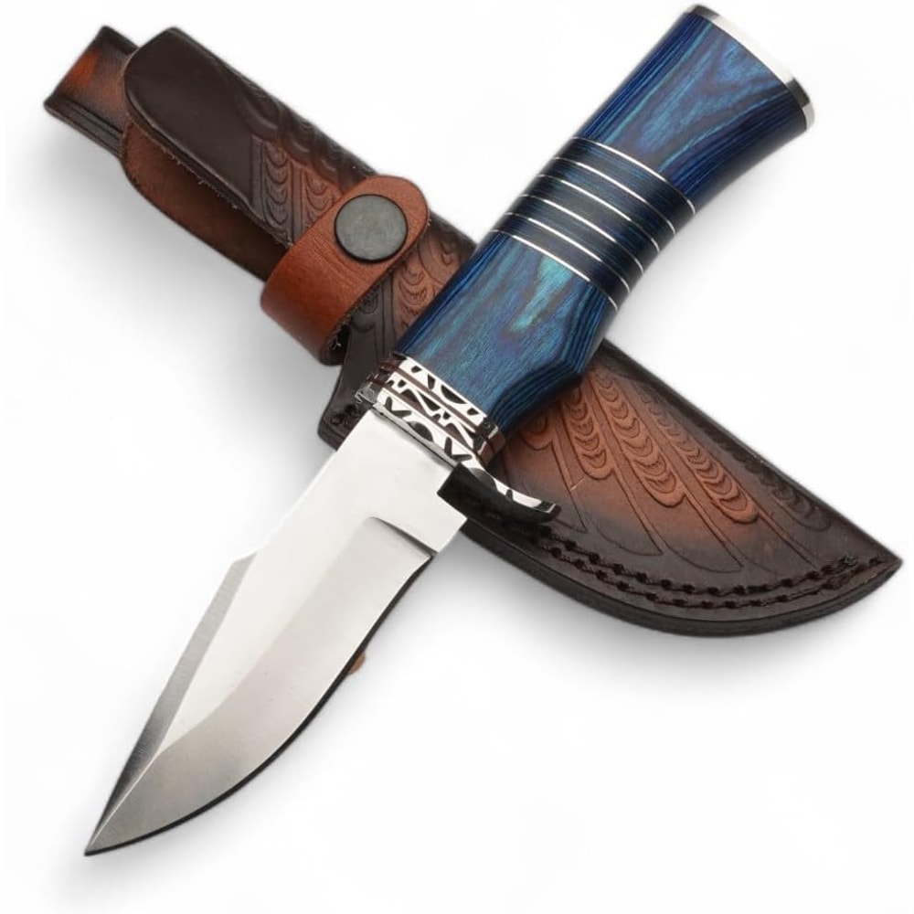 Hunting Knife For Men Genuine Leather Sheath Blue Micarta Handle Long Bowie Knives For Survival 0