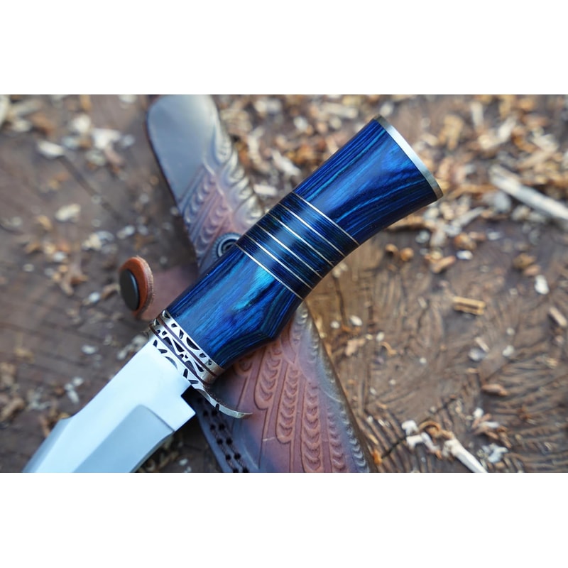 Hunting Knife For Men Genuine Leather Sheath Blue Micarta Handle Long Bowie Knives For Survival 5