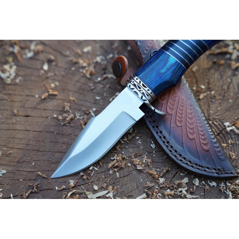 Hunting Knife For Men Genuine Leather Sheath Blue Micarta Handle Long Bowie Knives For Survival 6
