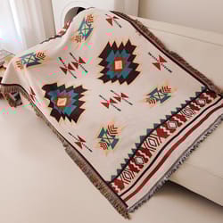 aztec blanket boho chic oversized throw with fringe, soft vintage woven geometric blanket for home & gifts
