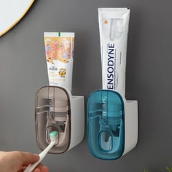 smart toothpaste dispenser wall mount, hands free automatic squeezer & toothbrush holder for organized bathrooms