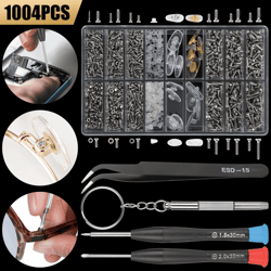 eyeglass screws and nut nose pads repair kit, 1000pcs optical repair tool kit with screwdrivers, tweezers & storage case