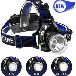 tactical rechargeable headlamp led, zoomable bright head light, waterproof outdoor hiking & work lamp