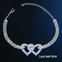 double heart anklet bracelet love barefoot chain with bling crystal accents, adjustable silver ankle jewelry for women