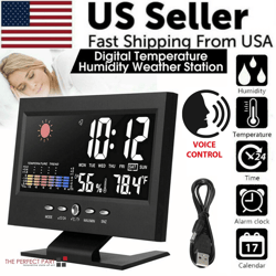 led digital alarm clock with snooze, thermometer, hygrometer, calendar, weather display voice control backlight for home