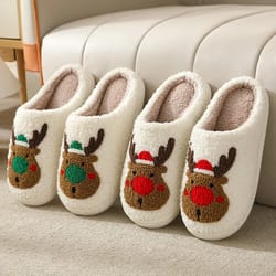 christmas deer slippers, cozy plush home non-slip slippers for men & women, fuzzy winter indoor slides