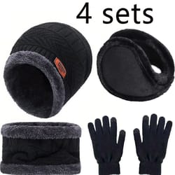 winter warm velvet hat scarf gloves set, men, women & girls outdoor riding beanies & neck protection