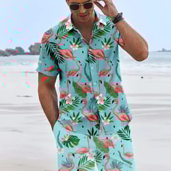 mens flame bird printed short-sleeved shirt & hawaiian sports shorts set, casual summer beach outfit