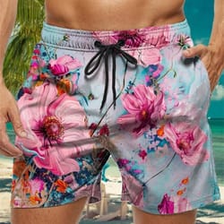 trendy floral graphic short pants for men, 3d printed hawaiian beach shorts summer fashion vacation oversized swim trunk