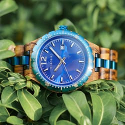 wooden watch for men, original natural wood quartz wristwatches, blue 43mm date display watch