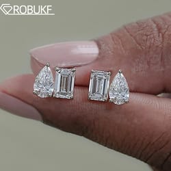 emerald & pear cut moissanite diamond earrings for women, sterling silver two stone stud earrings