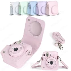 instax mini 12 pu leather camera case, soft protective travel bag with shoulder strap for fujifilm instant film camera